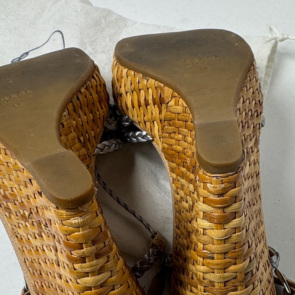 PRADA Woven Wicker Wedge Sandals Metallic Silver Braided Strap 4.5" Heel BOHO 38 - Picture 11 of 16